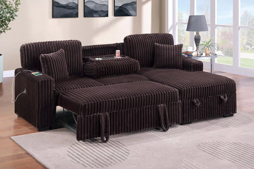 2-Pc Coffee Brown Fur-Like Corduroy Sectional Sofa with Pull-Out-F8575