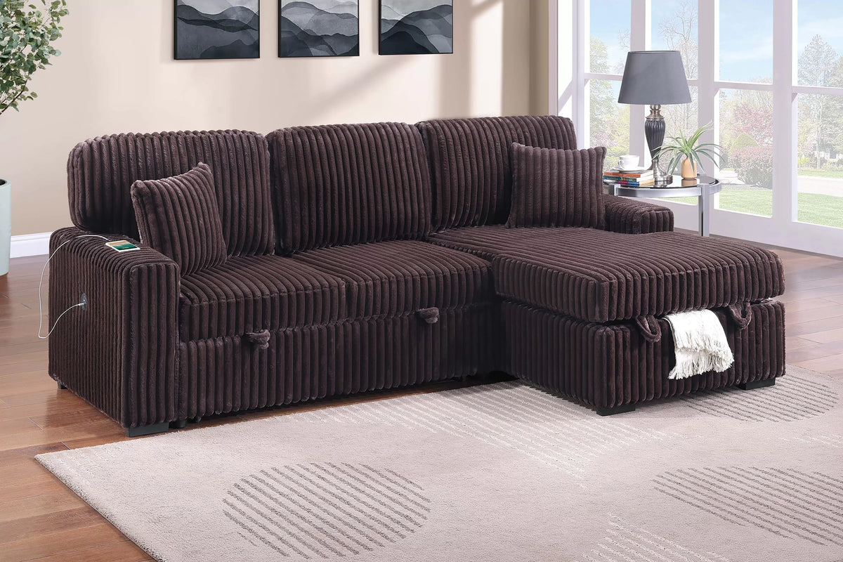 2-Pc Coffee Brown Fur-Like Corduroy Sectional Sofa with Pull-Out-F8575